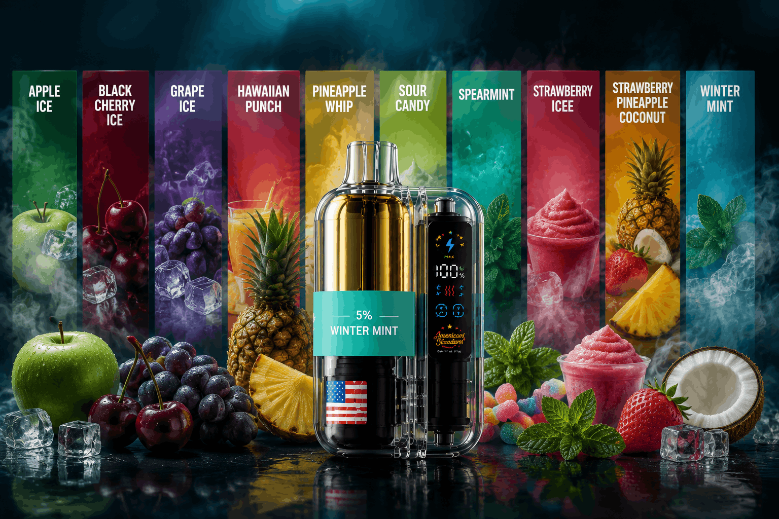 American Standard Vape 50K flavors available including Apple Ice, Grape Ice, Hawaiian Punch and Winter Mint